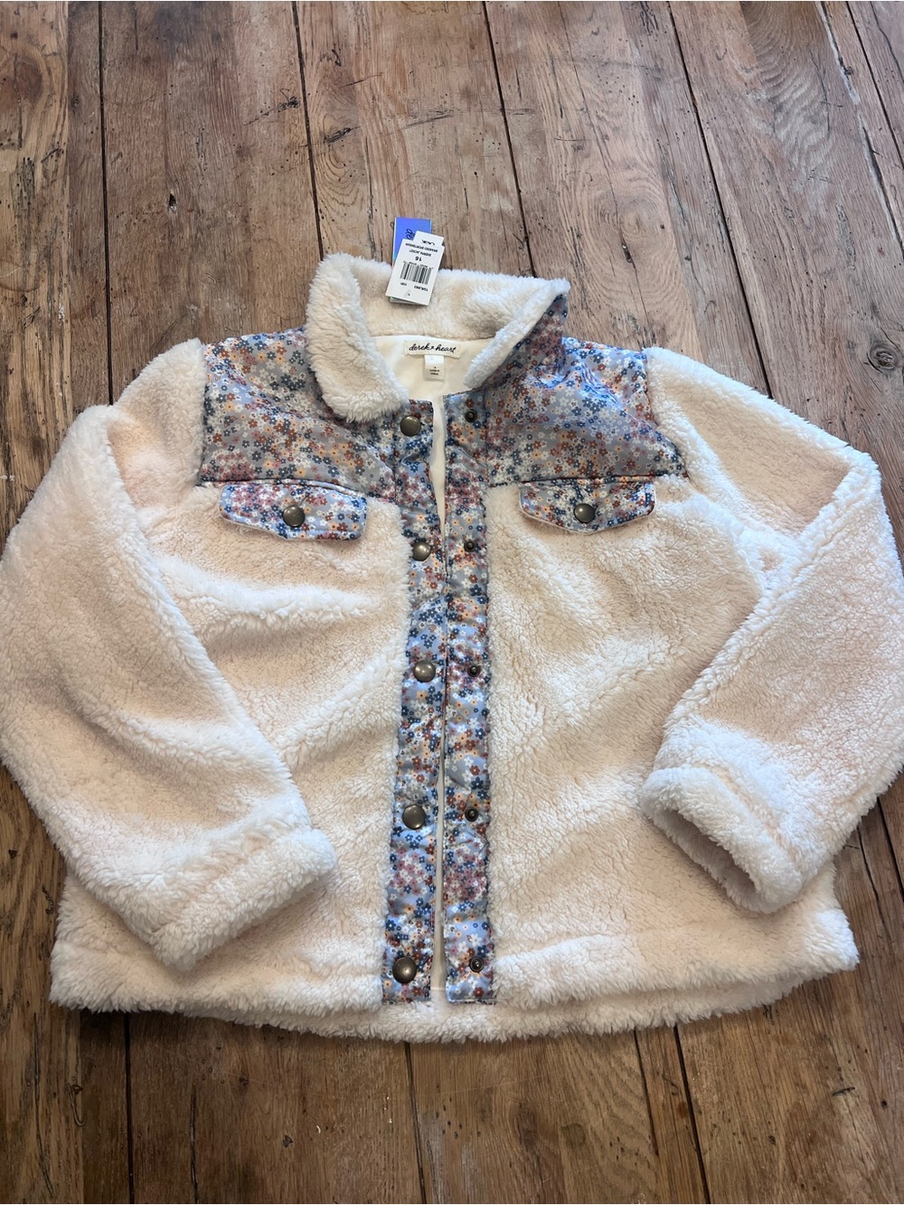 Derek Heart Cream Plush Sherpa Jacket with Floral Trim snap closure Girl 16